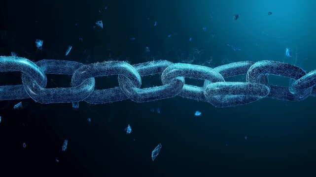 Abstract futuristic chain breaking apart on blue background for technology concepts