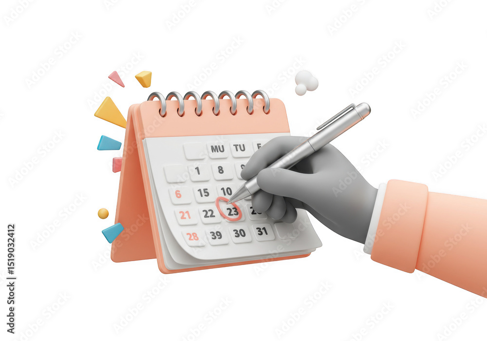 Poster 3d render hand circling date on calendar isolated on transparent background