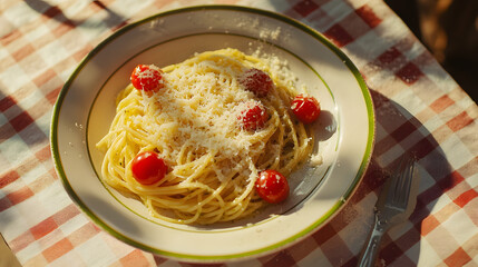 pasta, food, spaghetti, plate, meal, italian, sauce, cuisine, dish, dinner, tomato, healthy, cheese, white, basil, lunch, closeup, noodles, gourmet, carbonara, fresh, fork, noodle, parmesan, vegetable