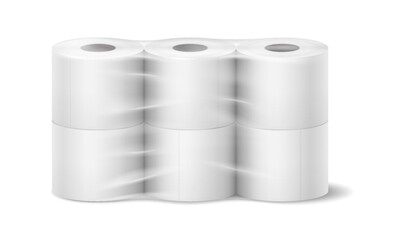 Illustration of a pack of white toilet paper rolls in a realistic style. Neutral colors represent hygiene and household essentials. Isolated on a white background.
