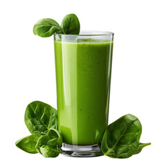 Healthy green spinach smoothie served in glass with fresh spinach leaves, isolated on white transparent background, concept of detox