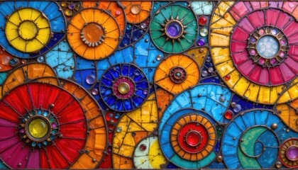 vibrant and colorful abstract design featuring circular patterns made from kaleidoscope colored glass mosaic art, ideal for wall decor