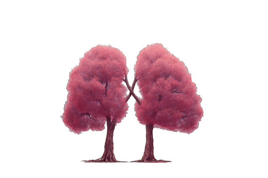 Stylized image of two trees, resembling lungs, with pink foliage against a black background.  The trees are detailed, showing textured bark and branches