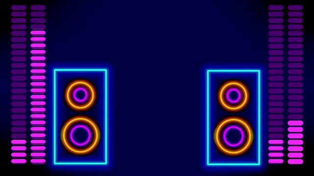 A tall speaker setup with animated vertical bar visualizer, creating a cohesive sound-reactive environment for DJ loops or audio tracks