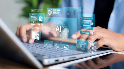Artificial Intelligence (AI) system interface on laptop screen with chatbots, analytics, content...