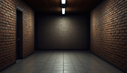 create a poster mockup featuring a dimly lit subway corridor with a brick wall and a wooden ceiling