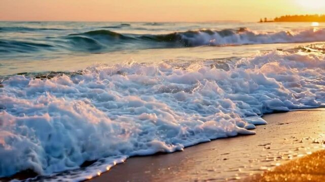 Foamy wave crashing on sandy beach at golden sunset.
