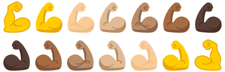 Muscle icon set, flexed bicep arm icon hand emoji. Feats of strength sign - Biceps musclar arm icon - Flexing arm muscles, strong icons