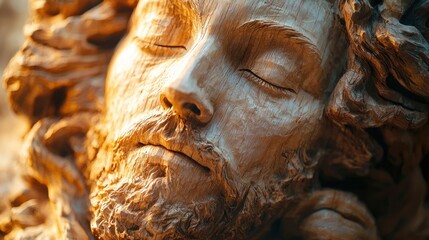 Detailed wooden carving of a serene face, seemingly of a religious figure.  Intricate details in the woodgrain highlight the face's features