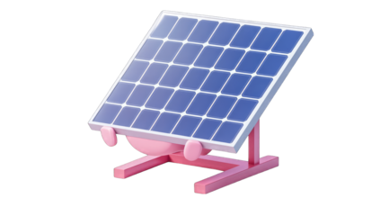 A 3D rendering of a small, angled solar panel on a pink stand.  The panel is blue and white, showcasing a grid pattern