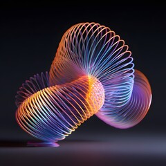an unwinding slinky toy forming radiant circular patterns as it hovers mid-air isolated on dark background