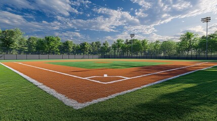 Baseball diamond under a vibrant sky. Lush green field, marked by orange dirt infield