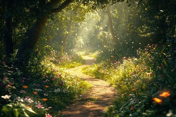 Enchanting Forest Pathway Illuminated by Sunlight with Vibrant Wildflowers and Lush Greenery in a Serene Natural Setting