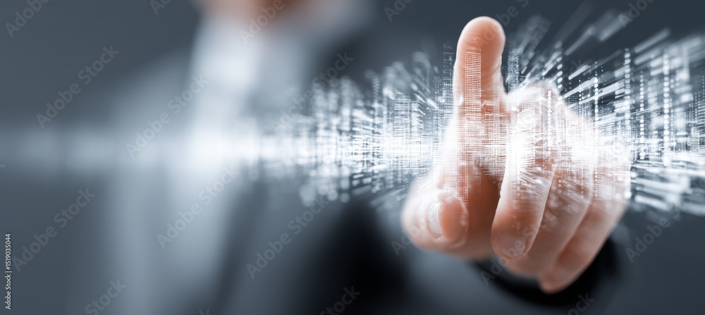 Poster businessman touch access virtual button. global business market project. generative ai technology.