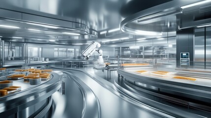 Automated food processing facility.  Sleek, modern design with robotic arms and conveyor belts.  High-tech manufacturing