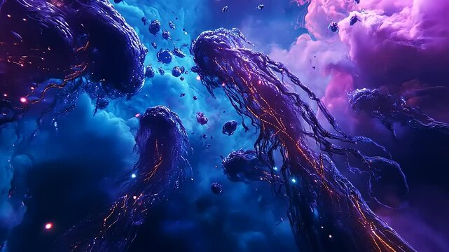 Ethereal cosmic scene depicting luminous jellyfish-like entities floating among vibrant nebulae