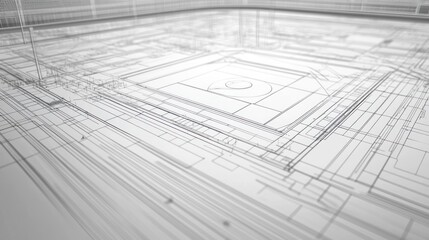 Abstract architectural drawing of a complex structure.  Intricate lines and shapes create a sense of depth and detail