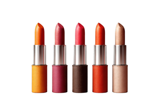 Five lipsticks in various warm-toned shades, arranged in a row against a black background, showcasing their unique colors and packaging