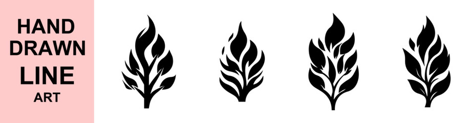 Hand drawn botanical floral branch line art sketch illustration for natural design decoration, minimalist plant element, black outline leaves clipart isolated on white
