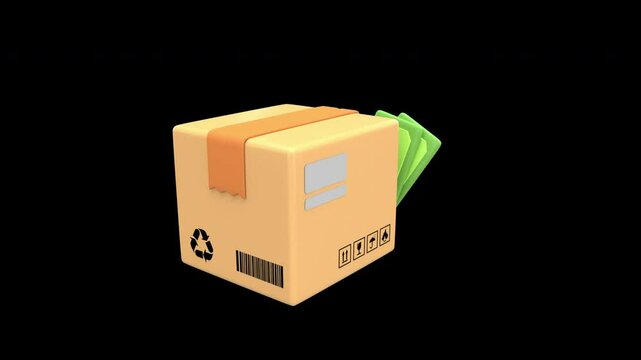 Carton box with dollar bills represents e-commerce payment, delivery profits, or cash-on-delivery transactions with Alpha Channel