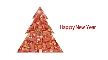 Minimalist tech-themed Christmas tree made of circuit boards featuring "2026" text, ideal for digital holiday campaigns and modern festive branding.