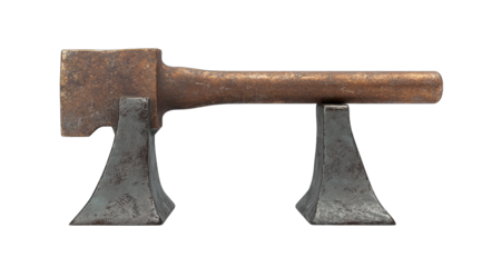 A weathered, bronze-toned axe head with a long, cylindrical handle rests on two small, dark gray, cone-shaped stands against a black background