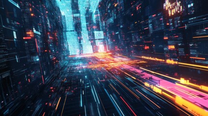 Digital cityscape tunnel with vibrant lights and data streams