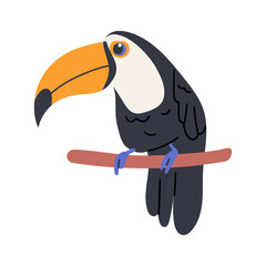 A large toucan sits on a branch. Bright vector illustration of tropical toucan bird isolated on white background. Stock vector hand drawn illustration for logo , banner , children design .