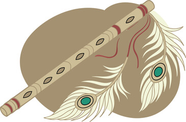 Hand-drawn wooden flute with peacock feather decoration

