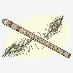 Hand-drawn wooden flute with peacock feather decoration

