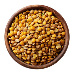 Yellow lentils in rustic wooden bowl, from above isolated on white transparent background. Concept of natural, healthy, organic food