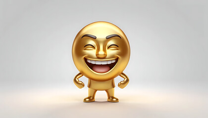 Glorious Golden 3D Rendered Emoji Character with a Victorious and Joyful Laughing Expression on a White Background
