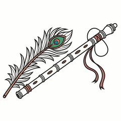 Hand-drawn wooden flute with peacock feather decoration
