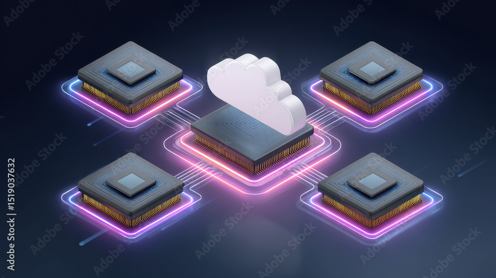Poster glowing cloud icon is connected to multiple microchips, symbolizing edge computing and data processi