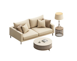 Beige sofa with side table and lamp isolated on a transparent background, in a PNG file format