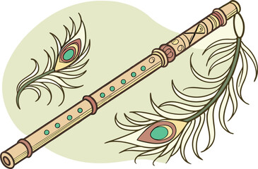 Hand-drawn wooden flute with peacock feather decoration
