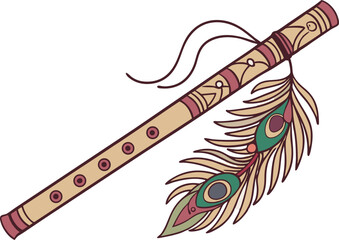 Hand-drawn wooden flute with peacock feather decoration
