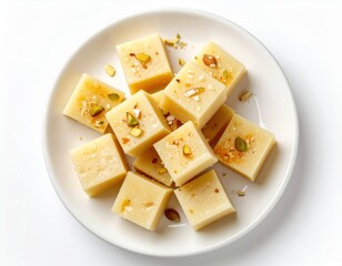 A plate of delicious creamy Indian milk cake dessert squares garnished with chopped pistachios and coconut flakes sits on a white background.
