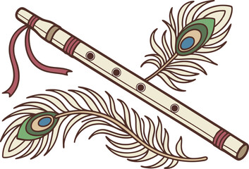 Hand-drawn wooden flute with peacock feather decoration
