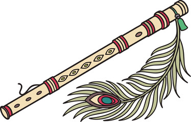 Hand-drawn wooden flute with peacock feather decoration
