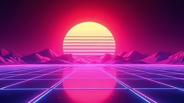synthwave background, neon grid landscape, retro 80s animation, glowing sun video, vaporwave loop, futuristic neon lights, 4K synthwave loop, digital retro background, glowing retro sun, looped vaporw