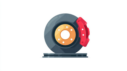 Flat icon of brake disc with red caliper, showcasing modern and clean design. illustration highlights circular disc and caliper, commonly used in vehicle braking systems