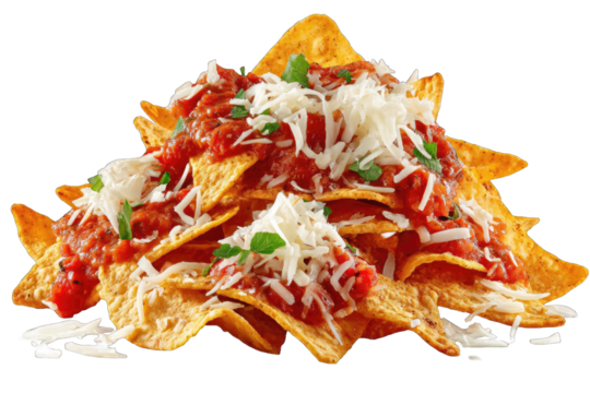 A delectable mound of tortilla chips, generously layered with a rich tomato salsa and a blanket of shredded cheese, garnished with fresh herbs