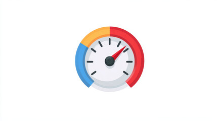 Flat illustration of speedometer gauge with needle pointing towards red zone, symbolizing high speed or performance. design is minimalistic and colorful