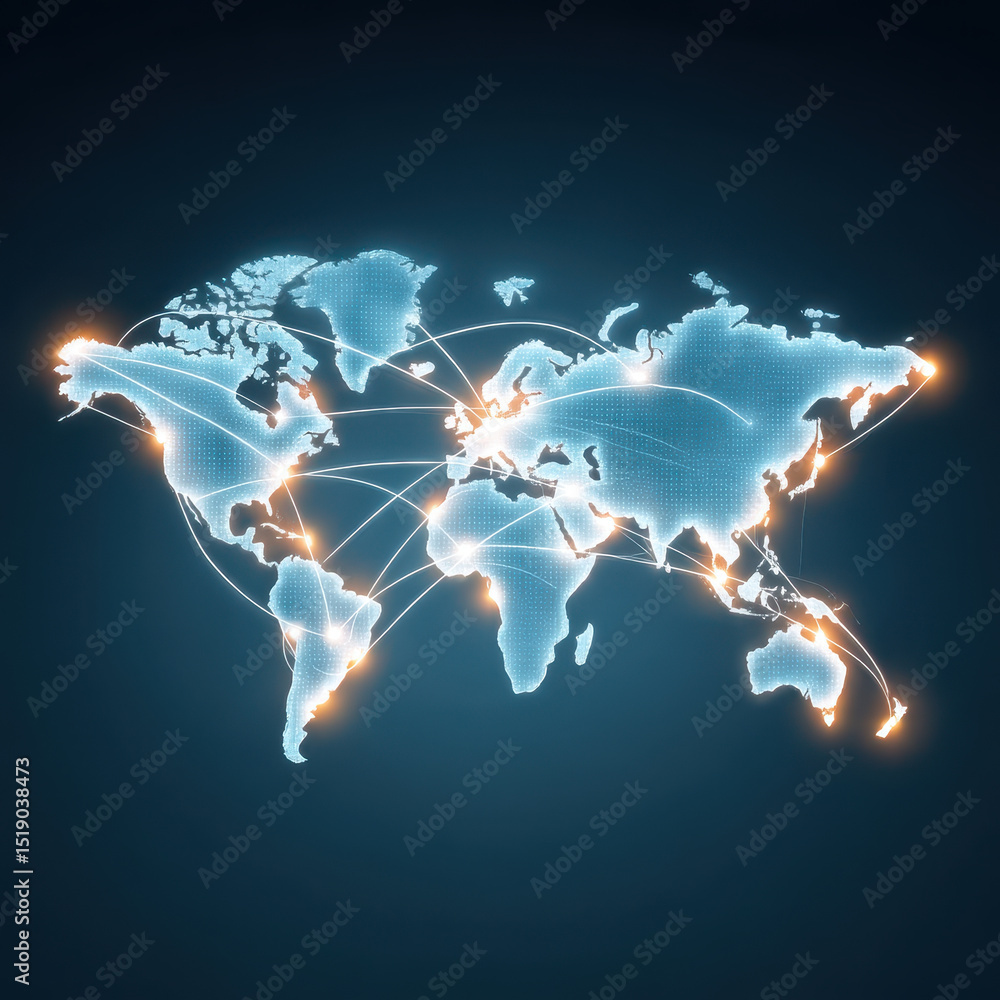 Poster glowing digital world map with interconnected lines represents global internet connectivity and futu