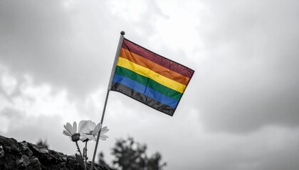 Rainbow Pride Flag Waves Gently in the Cloudy Sky near Blooming Flowers