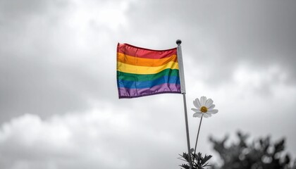 Rainbow Pride Flag Waves Gently in the Sky Beside a Single White Flower
