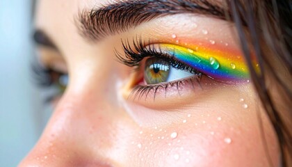 Close up of a Woman's Eye with Vibrant Rainbow Makeup and Water Drops