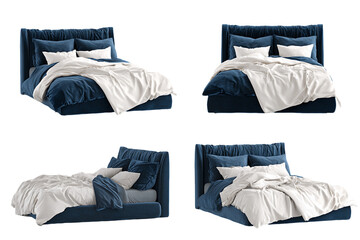 Navy Blue Velvet Upholstered Bed with White Linen Bedding, PNG
