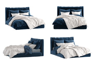 Navy Blue Velvet Upholstered Bed with White Linen Bedding, PNG